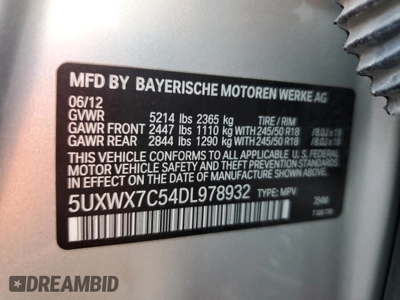 2013 BMW X3 xDrive35i with VIN 5UXWX7C54DL978932, listed as a Copart auction lot 54761135 with 59,042 mi miles and Salvage Title. Bid and sale history available at DreamBid. Image 13.