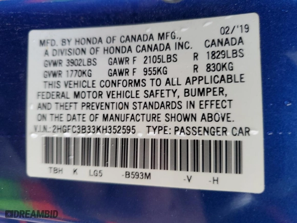 2019 Honda Civic Coupe EX with VIN 2HGFC3B33KH352595, listed as a Copart auction lot 41342935 with 78,047 mi miles and Salvage Title. Bid and sale history available at carsss.com. Image 13.