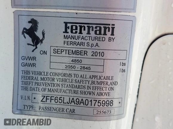2010 Ferrari California с VIN ZFF65LJA9A0175998, выставлен на аукционе Copart как лот 42335685 с пробегом 45 323 миль миль и Списание • Salvage title. История ставок и продаж доступна на DreamBid. Изображение 12.