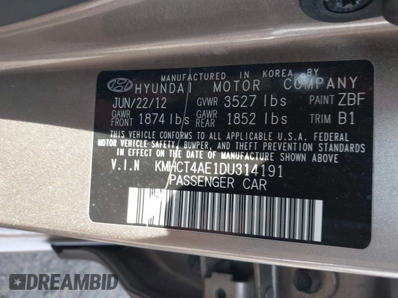 2013 Hyundai Accent GLS with VIN KMHCT4AE1DU314191, listed as a IAAI auction lot 41979265 with 177,944 mi miles. Bid and sale history available at carsss.com. Image 9.