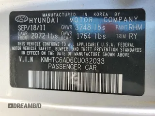 2012 Hyundai Veloster w/Black Int with VIN KMHTC6AD6CU032033, listed as a Copart auction lot 52614775 with 173,476 mi miles and Salvage title. Bid and sale history available at DreamBid. Image 13.