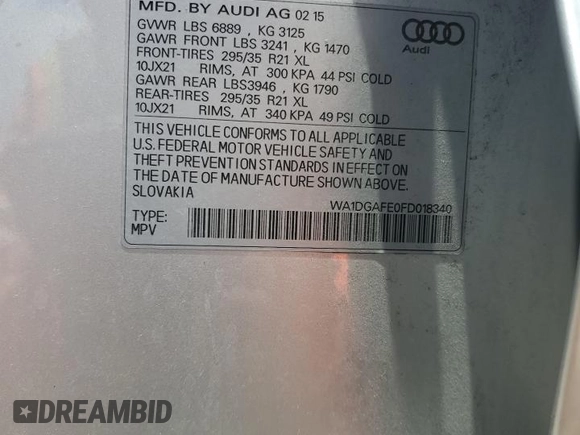 2015 Audi Q7 S line Prestige z VIN WA1DGAFE0FD018340, wystawiony jako Copart lot #65554785 z przebiegiem Nie podano mil oraz Czysty tytuł • Clean title. Historia ofert i sprzedaży dostępna na DreamBid. Obrazek 13.