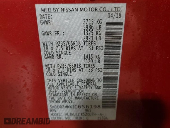 2018 Nissan Pathfinder SL z VIN 5N1DR2MMXJC656198, wystawiony jako Copart lot #85057734 z przebiegiem 144 725 mil mil oraz Szkoda całkowita • Salvage title. Historia ofert i sprzedaży dostępna na DreamBid. Obrazek 15.