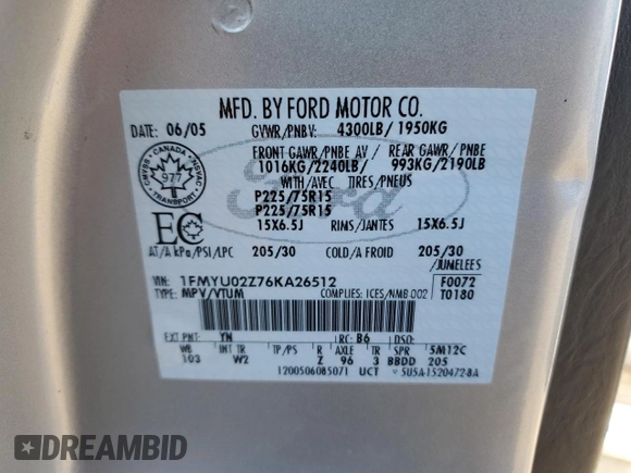 2006 Ford Escape XLS with VIN 1FMYU02Z76KA26512, listed as a Copart auction lot 55524705 with 357,727 mi miles and Clean Title. Bid and sale history available at DreamBid. Image 13.