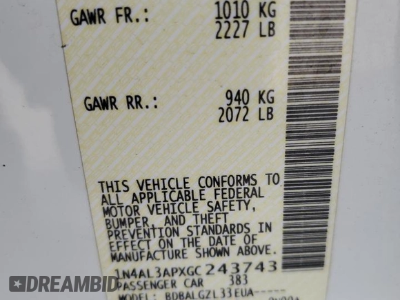 2016 Nissan Altima S with VIN 1N4AL3APXGC243743, listed as a Copart auction lot 43975235 with 192,595 mi miles and Salvage Title. Bid and sale history available at carsss.com. Image 14.