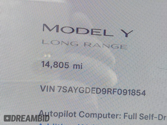 2024 Tesla Model Y с VIN 7SAYGDED9RF091854, выставлен на аукционе IAAI как лот 42382483 с пробегом 14 805 миль миль и . История ставок и продаж доступна на DreamBid. Изображение 15.