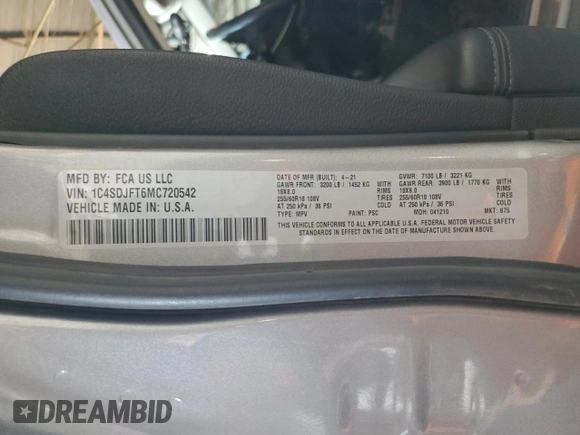 2021 Dodge Durango Pursuit with VIN 1C4SDJFT6MC720542, listed as a Copart auction lot 51865405 with Not provided miles and Salvage title. Bid and sale history available at DreamBid. Image 12.