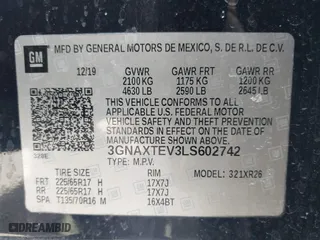 2020 Chevrolet Equinox LT with VIN 3GNAXTEV3LS602742, listed as a IAAI auction lot 41901127 with 65,669 mi miles. Bid and sale history available at carsss.com. Image 9.