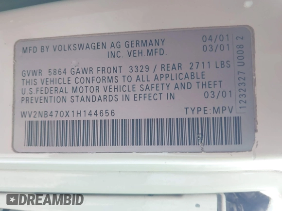 2001 Volkswagen EuroVan MV with VIN WV2NB470X1H144656, listed as a IAAI auction lot 42014536 with 230,707 mi miles and . Bid and sale history available at DreamBid. Image 9.