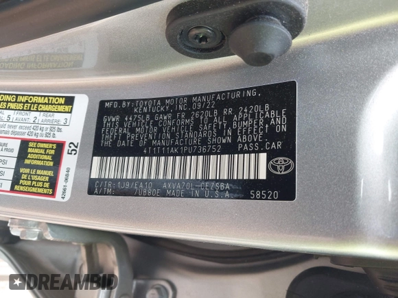 2023 Toyota Camry SE with VIN 4T1T11AK1PU736752, listed as a IAAI auction lot 41986290 with 38,636 mi miles and . Bid and sale history available at DreamBid. Image 9.