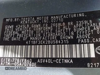 2011 Toyota Camry LE with VIN 4T1BF3EK2BU584315, listed as a IAAI auction lot 42186725 with 99,126 mi miles and . Bid and sale history available at DreamBid. Image 9.