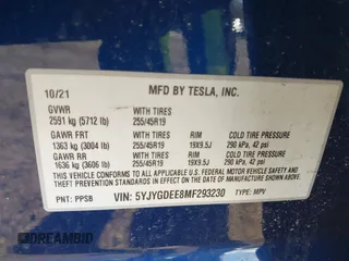 2021 Tesla Model Y Long Range with VIN 5YJYGDEE8MF293230, listed as a IAAI auction lot 41744033 with 56,797 mi miles and . Bid and sale history available at DreamBid. Image 9.