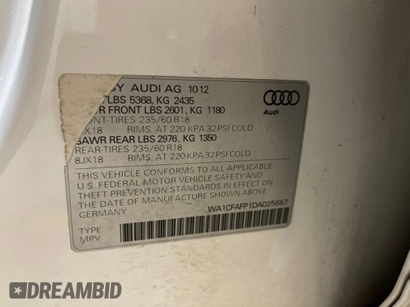 2013 Audi Q5 Premium with VIN WA1CFAFP1DA025697, listed as a Copart auction lot 51061445 with 175,534 mi miles and Clean Title. Bid and sale history available at carsss.com. Image 10.