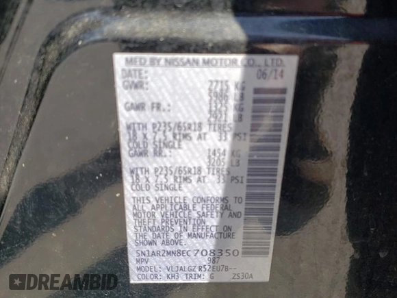 2014 Nissan Pathfinder SL with VIN 5N1AR2MN8EC708350, listed as a Copart auction lot 53275475 with 90,407 mi miles and Salvage Title. Bid and sale history available at DreamBid. Image 16.