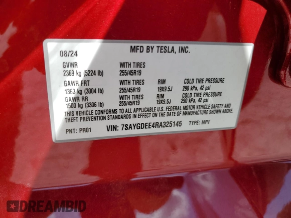 2024 Tesla Model Y Long Range с VIN 7SAYGDEE4RA325145, выставлен на аукционе Copart как лот 61132955 с пробегом 16 659 миль миль и Списание • Salvage title. История ставок и продаж доступна на DreamBid. Изображение 12.