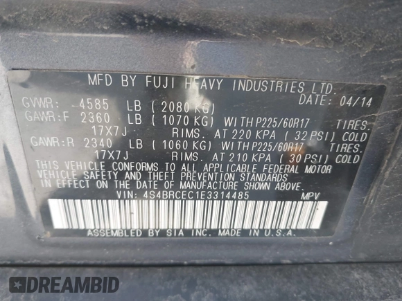 2014 Subaru Outback Premium with VIN 4S4BRCEC1E3314485, listed as a IAAI auction lot 41959386 with 185,594 mi miles and . Bid and sale history available at DreamBid. Image 9.