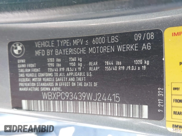 2009 BMW X3 xDrive30i with VIN WBXPC93439WJ24415, listed as a IAAI auction lot 41832261 with 178,499 mi miles. Bid and sale history available at carsss.com. Image 9.