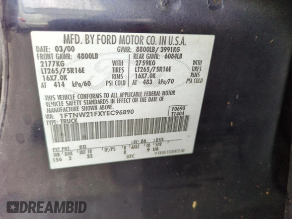 2000 Ford F-250 XL with VIN 1FTNW21FXYEC96890, listed as a Copart auction lot 74687394 with Not Provided miles and Salvage Title. Bid and sale history available at DreamBid. Image 12.