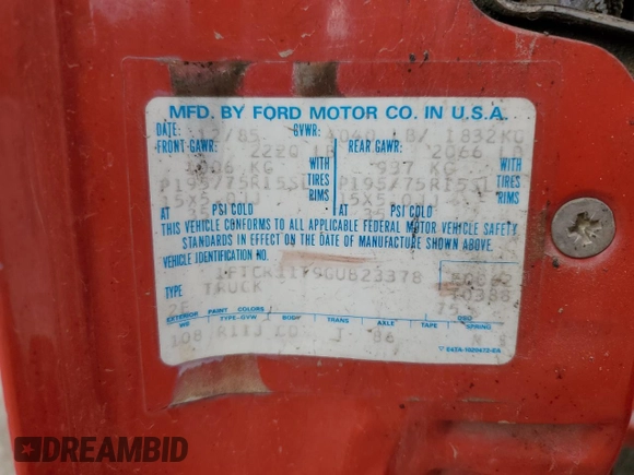 1986 Ford Ranger with VIN 1FTCR11T9GUB23378, listed as a Copart auction lot 74385434 with Not Provided miles and Non Repairable. Bid and sale history available at DreamBid. Image 12.