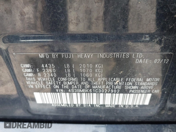 2012 Subaru Legacy Limited with VIN 4S3BMBK61C3027902, listed as a IAAI auction lot 42832962 with 161,680 mi miles and . Bid and sale history available at DreamBid. Image 9.