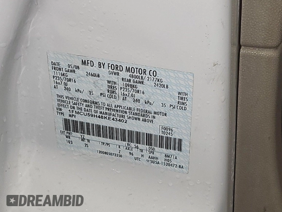 2008 Ford Escape Hybrid with VIN 1FMCU59H48KE43402, listed as a IAAI auction lot 42231492 with 109,800 mi miles and . Bid and sale history available at DreamBid. Image 1.