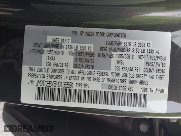 2017 Mazda CX-9 Sport z VIN JM3TCBBY6H0136591, wystawiony jako IAAI lot #42289860 z przebiegiem 118 067 mil mil oraz . Historia ofert i sprzedaży dostępna na DreamBid. Obrazek 9.