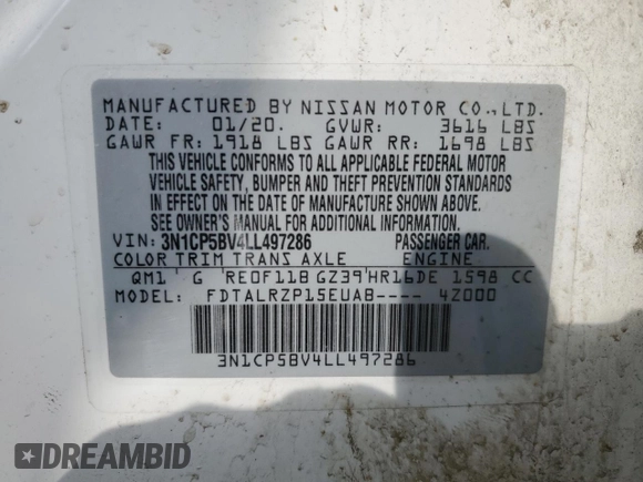 2020 Nissan Kicks S with VIN 3N1CP5BV4LL497286, listed as a Copart auction lot 51076695 with 106,644 mi miles and Clean Title. Bid and sale history available at DreamBid. Image 14.