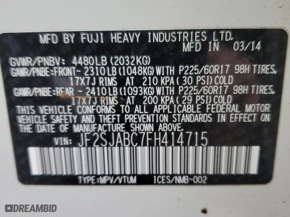 2015 Subaru Forester 2.5i with VIN JF2SJABC7FH414715, listed as a Copart auction lot 43829845 with 97,175 mi miles and Non Repairable. Bid and sale history available at carsss.com. Image 13.