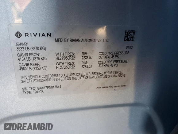 2023 Rivian R1T Adventure with VIN 7FCTGAAA7PN017844, listed as a Copart auction lot 44261105 with 4,590 mi miles and Clean Title. Bid and sale history available at carsss.com. Image 12.