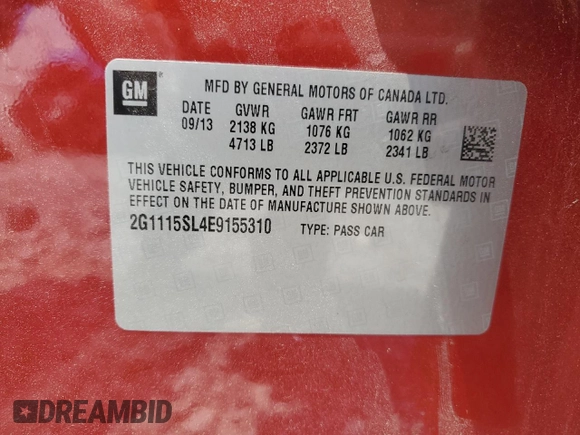 2014 Chevrolet Impala LT z VIN 2G1115SL4E9155310, wystawiony jako Copart lot #59395025 z przebiegiem 115 381 mil mil oraz Szkoda całkowita • Salvage title. Historia ofert i sprzedaży dostępna na DreamBid. Obrazek 12.