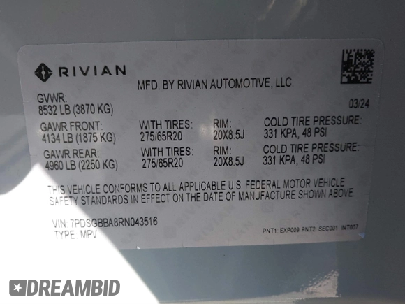 2024 Rivian R1S Adventure with VIN 7PDSGBBA8RN043516, listed as a IAAI auction lot 41675732 with 1 mi miles. Bid and sale history available at carsss.com. Image 8.