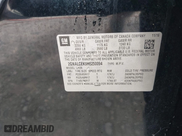 2017 Chevrolet Equinox LT with VIN 2GNALCEK9H6250094, listed as a IAAI auction lot 42105052 with 319,467 mi miles and . Bid and sale history available at DreamBid. Image 9.