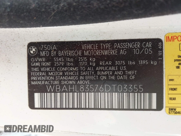 2006 BMW 7 Series 750i with VIN WBAHL83576DT03355, listed as a IAAI auction lot 42606906 with 186,494 mi miles and . Bid and sale history available at DreamBid. Image 9.