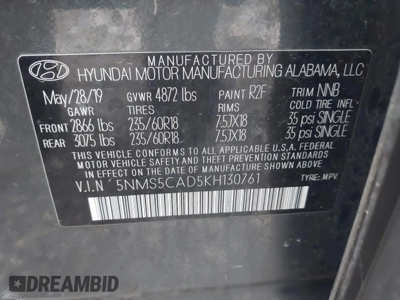 2019 Hyundai Santa Fe Limited with VIN 5NMS5CAD5KH130761, listed as a IAAI auction lot 41473255 with 61,344 mi miles. Bid and sale history available at carsss.com. Image 9.