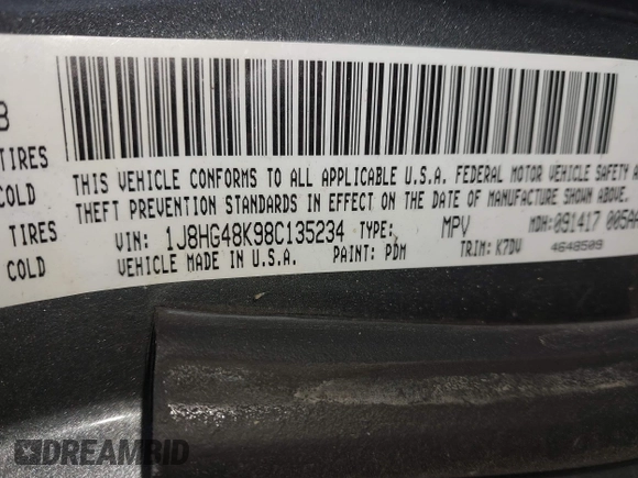 2008 Jeep Commander Sport with VIN 1J8HG48K98C135234, listed as a IAAI auction lot 41920183 with 247,452 mi miles. Bid and sale history available at carsss.com. Image 9.