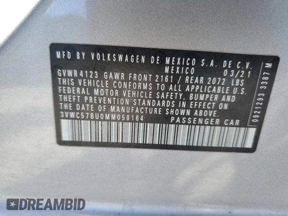 2021 Volkswagen Jetta S z VIN 3VWC57BU0MM058164, wystawiony jako Copart lot #55447925 z przebiegiem Nie podano mil oraz Szkoda całkowita • Salvage title. Historia ofert i sprzedaży dostępna na DreamBid. Obrazek 13.