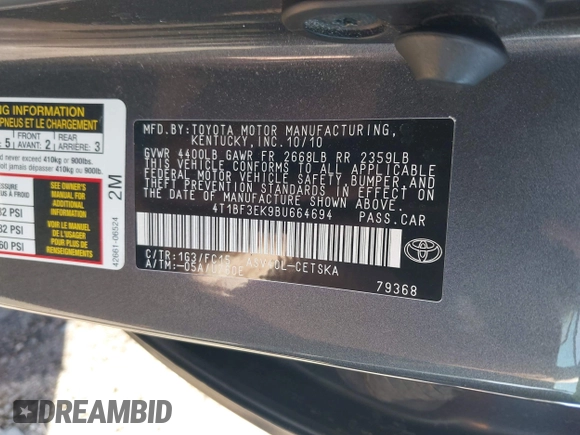 2011 Toyota Camry LE z VIN 4T1BF3EK9BU664694, wystawiony jako IAAI lot #42247007 z przebiegiem 112 306 mil mil oraz . Historia ofert i sprzedaży dostępna na DreamBid. Obrazek 9.