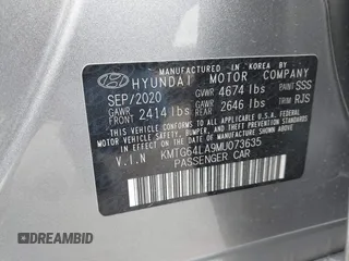 2021 Genesis G70 2.0T with VIN KMTG64LA9MU073635, listed as a IAAI auction lot 41829019 with 47,186 mi miles and . Bid and sale history available at DreamBid. Image 9.