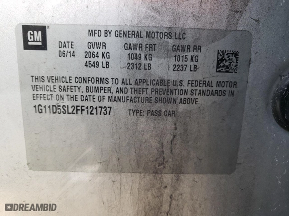 2015 Chevrolet Malibu LT with VIN 1G11D5SL2FF121737, listed as a Copart auction lot 42479535 with 167,178 mi miles and Salvage Title. Bid and sale history available at carsss.com. Image 12.