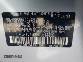 2015 Subaru WRX Premium with VIN JF1VA1D66F9814459, listed as a IAAI auction lot 41831344 with 74,892 mi miles. Bid and sale history available at carsss.com. Image 9.