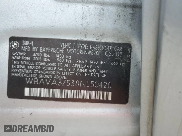 2008 BMW 3 Series 328i with VIN WBAVA37538NL50420, listed as a Copart auction lot 51566755 with 153,561 mi miles and Salvage Title. Bid and sale history available at DreamBid. Image 15.