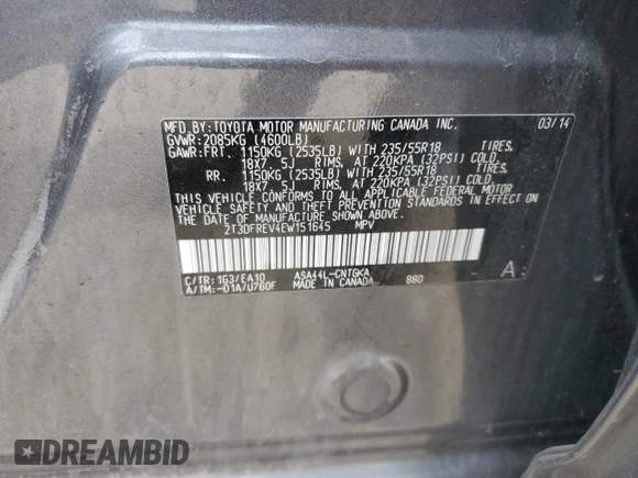 2014 Toyota RAV4 Limited with VIN 2T3DFREV4EW151645, listed as a Copart auction lot 54677015 with 170,346 mi miles and Salvage Title. Bid and sale history available at carsss.com. Image 13.