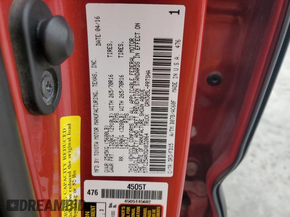 2016 Toyota Tacoma SR with VIN 5TFCZ5AN3GX032064, listed as a Copart auction lot 50564145 with Not Provided miles and Non Repairable. Bid and sale history available at carsss.com. Image 12.
