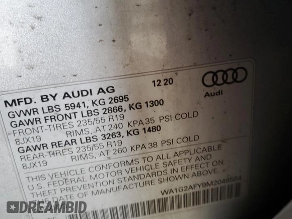 2021 Audi Q5 Premium with VIN WA1G2AFY9M2048564, listed as a Copart auction lot 89156695 with 59,950 mi miles and Salvage title. Bid and sale history available at DreamBid. Image 14.