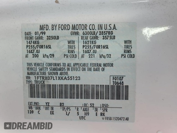 1999 Ford F-150 XL z VIN 1FTRX07L1XKA55123, wystawiony jako Copart lot #54382225 z przebiegiem Nie podano mil oraz Szkoda całkowita • Salvage title. Historia ofert i sprzedaży dostępna na DreamBid. Obrazek 12.