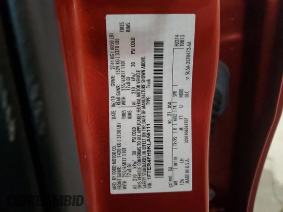 2019 Ford Ranger XL z VIN 1FTER4FH9KLA58111, wystawiony jako Copart lot #57886775 z przebiegiem 62 114 mil mil oraz Szkoda całkowita • Salvage title. Historia ofert i sprzedaży dostępna na DreamBid. Obrazek 13.