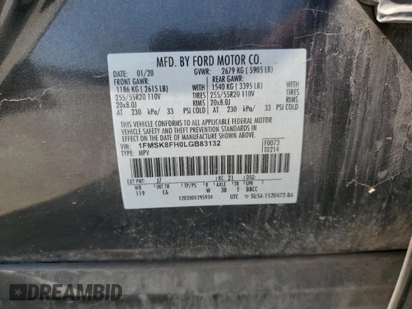 2020 Ford Explorer Limited with VIN 1FMSK8FH0LGB83132, listed as a Copart auction lot 60361585 with 78,479 mi miles and Salvage title. Bid and sale history available at DreamBid. Image 13.