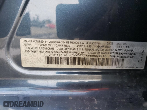 2005 Volkswagen Jetta 2.5L with VIN 3VWDF71K65M604016, listed as a Copart auction lot 45296275 with 195,245 mi miles and Salvage title. Bid and sale history available at DreamBid. Image 12.