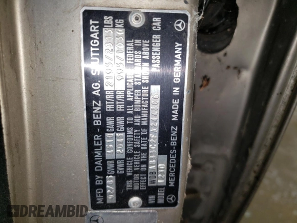 1985 Mercedes-Benz 300 with VIN WDBAB33C2FA244806, listed as a Copart auction lot 52752485 with Not Provided miles and Clean Title. Bid and sale history available at DreamBid. Image 12.