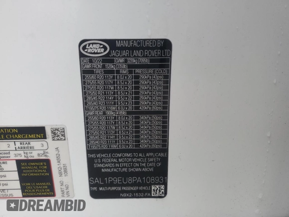 2023 Land Rover Range Rover Sport SE with VIN SAL1P9EU8PA108931, listed as a Copart auction lot 43055095 with 27,104 mi miles and Salvage Title. Bid and sale history available at DreamBid. Image 16.